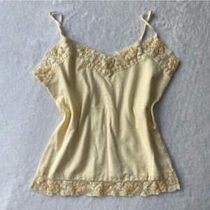Vintage Y2K Sanjoy USA Sequin Lace Trim Camisole Size Large Buttery Yellow